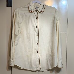 Women Preppy Button Down Cream Shirt with Embroidered Collar